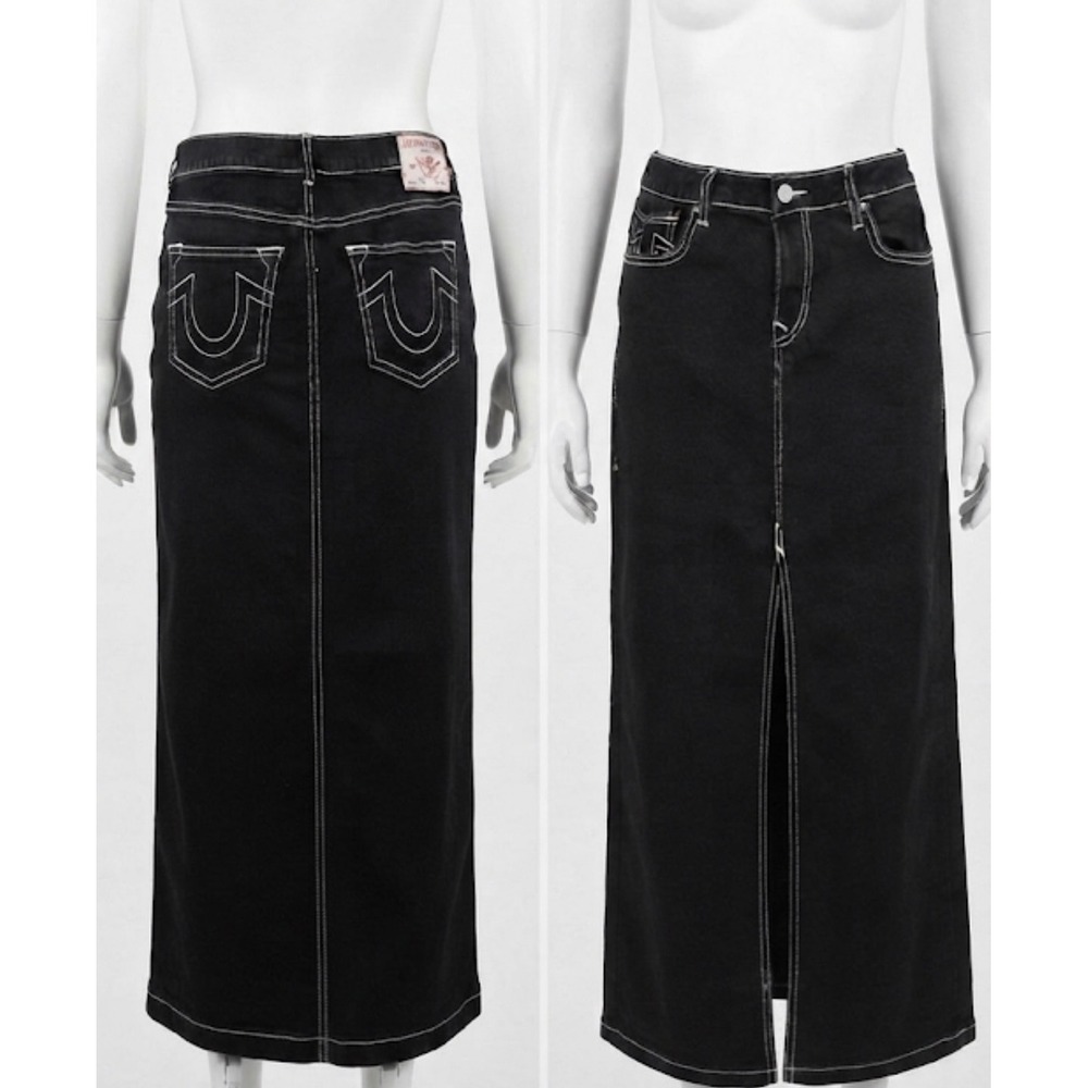 True‎ Religion Black Denim Maxi Skirt Size 31 Y2K Grunge Contrast Stitch Slit